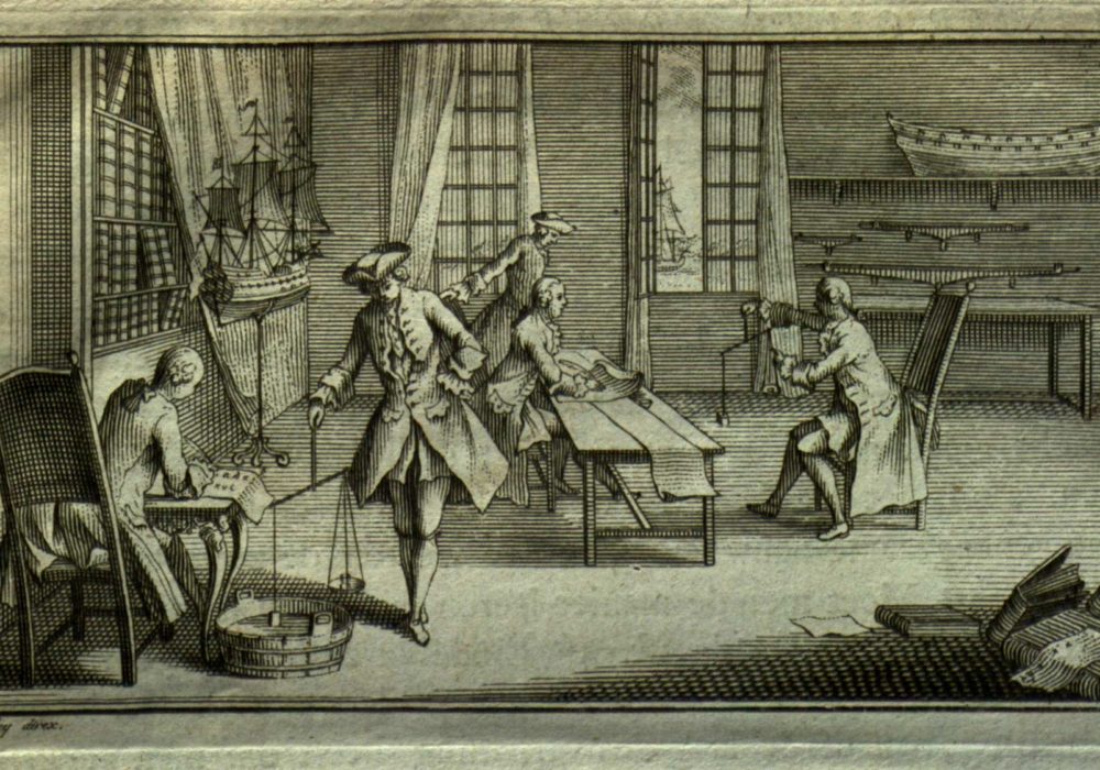 Etching depicting men working in a ship building workshop - from Providence Public Library Special Collections